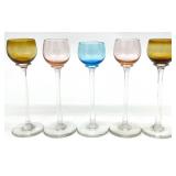 5 Vintage Colored Glass Cordial Glasses
