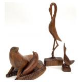 3pc Carved Wood Birds & Seals Sculptures