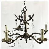 Vintage Cast Brass & Crystal 5-Arm Chandelier