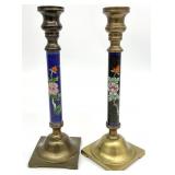 Pair Chinese Cloisonne Brass Candlesticks