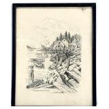 Vintage Maine Coastal Lobster Fishing Harbor Art