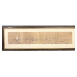 Antique Panoramic Naval Harbor Scene Painting