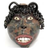Large NC Pottery Face Jug, Signed