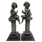 2 Bronzed Metal Putti Cherubs on Columns Statues