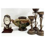 5pc Mantle Clock, Vase & Candle Holders