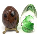 2pc Obsidian Stone Egg & Art Glass Paperweight
