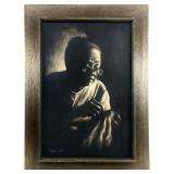Mid Century Wooden Art Panel, Woman w/ Embroidery