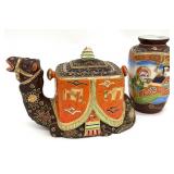 Japanese Satsuma Style Figural Teapot & Vase