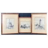 3 Vintage Nautical Dock Scene Pen & Ink Drawings