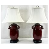 2 Chinoiserie Oxblood Red Ceramic Lamps