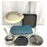 Asst Pots, Pans, Pyrex Glass Baking Dishes & More