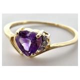 10K Gold Amethyst Heart & Diamond Ring, Sz 7.75.