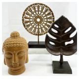 Ceramic Buddha Head, Leaf Statue & Mandela Statue