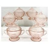 6 Vintage Pink Glass Covered Sugar Dishes