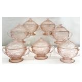 7 Vintage Pink Glass Covered Sugar Dishes