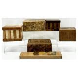 6 Vintage Japanese Wood Inlay Puzzle Boxes