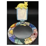 Signed Mosaic Art Pottery Mirror & Cat Plaque