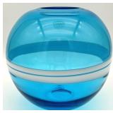 Blue & White Banded Orb Art Glass Bowl Vase