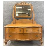 Antique Serpentine Tiger Oak Mirrored Dresser