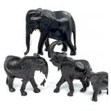 4 African? Hand Carved Wood Elephant Sculptures