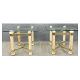Pair Glass Top Column Base Side Table