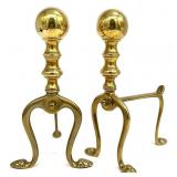 Pair Small Brass Cannonball Fire Dogs / Andirons