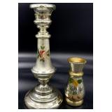 2pc Antique Mercury Glass Candlestick & Vase