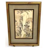 Japanese Woodblock Style Asian Art on Brass Stand