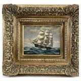 Maritime Ship Oil Painting, Ornate Giltwood Frame