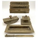 5pc Old Chinese Brass Inkwell & Desk Set