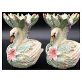2 Fitz & Floyd Floral Swan Pillar Candleholders