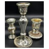 3pc Antique Mercury Glass Candlesticks & Vase