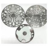 3pc Sterling Silver Overlay Glass Trivets