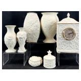 7pc Lenox Mantel Clock, Vases & Trinket Dishes