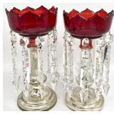 2 Antique Ruby Red Mantle Lusters w/ Prisms