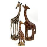 3 Carved Wood Giraffe Figures