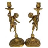 Pair Gilded Bronze Putto Cherub Candlesticks