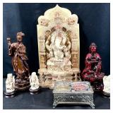 7pc Asian Statues & Silverplate Musical Jewelry