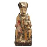 Antique Chinese Polychrome Wood God of Wealth