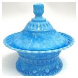 West Moreland Blue Milk Glass Covered Dish