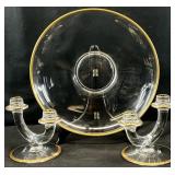 Fostoria Gold Rim Dbl Candlesticks & Centerpiece
