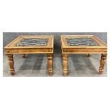 Pair Scroll Metal Glass Top Wooden End Tables