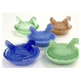 5 Miniature Glass Hen on Nest Dishes