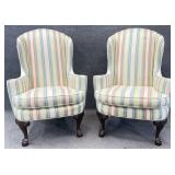 Pair Striped Ball in Claw Wingback Chairs