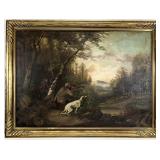 Antique European Pastoral Hunt Scene Oil Painting
