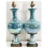 Pair Mid Century Iridescent Blue Ceramic Lamps