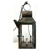 Large Vtg Copper & Glass Hanging Lantern Light