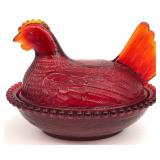Red Glass Hen on Nest