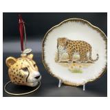 3pc Cheetah Blown Glass Ornament & Porcelain Plate
