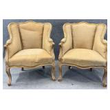 Pair French Arm Chairs w/ Burlap Upholstery